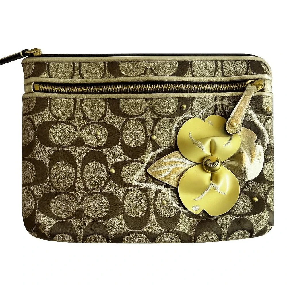Coach Signature Monogram Canvas Clutch Brown Gold‎ 3D Flower Studded Zip Bag